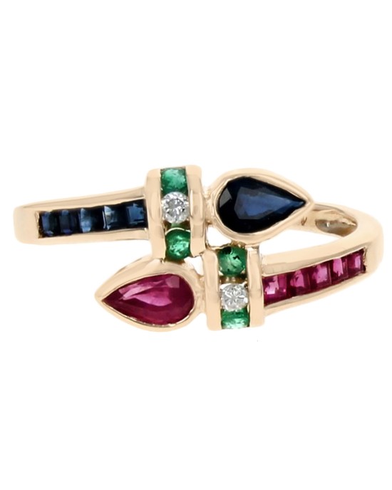 Ruby, Sapphire, Emerald and Diamond Bypass Ring